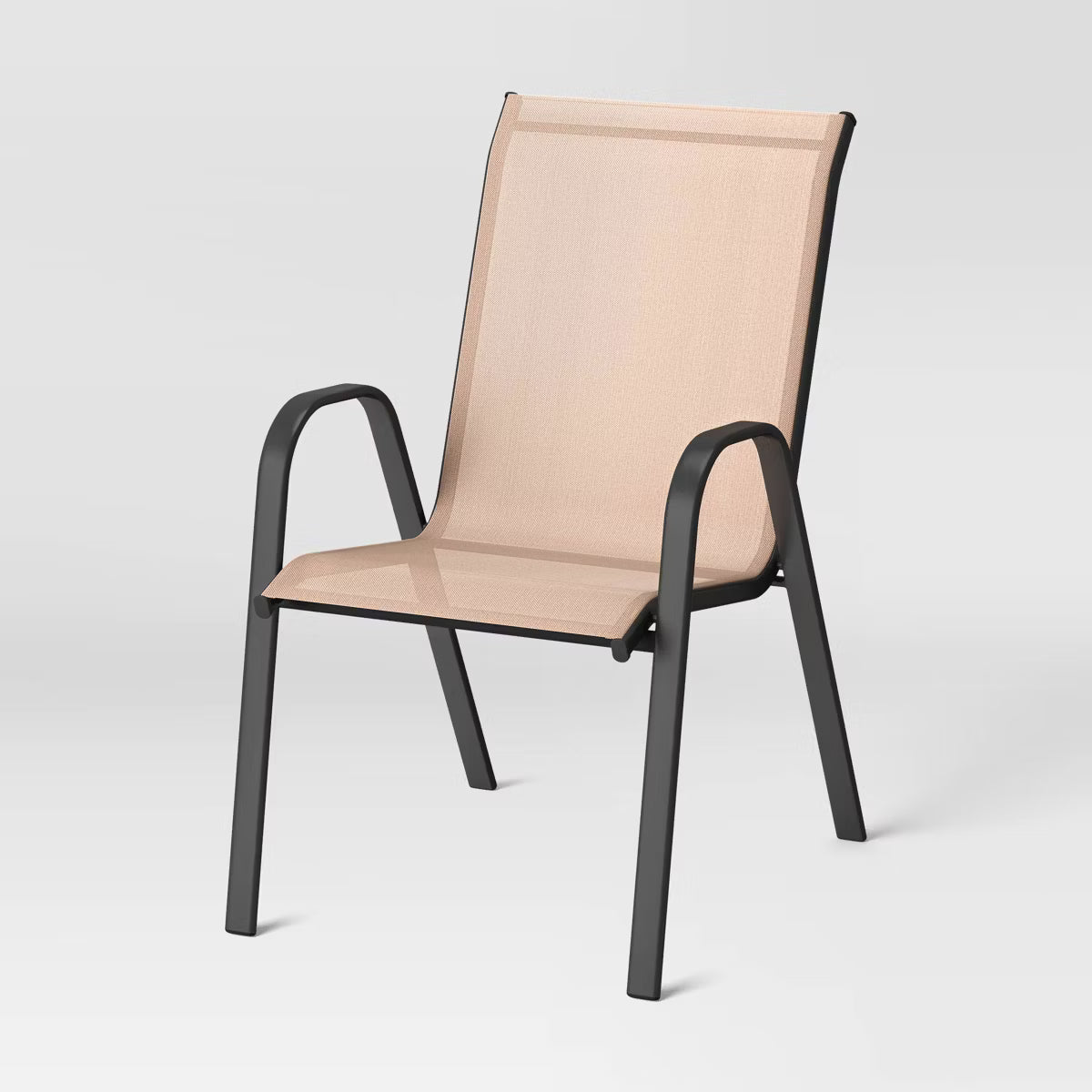 A chair with a beige colored fabric seat and backrest, featuring a black colored metal frame and armrests