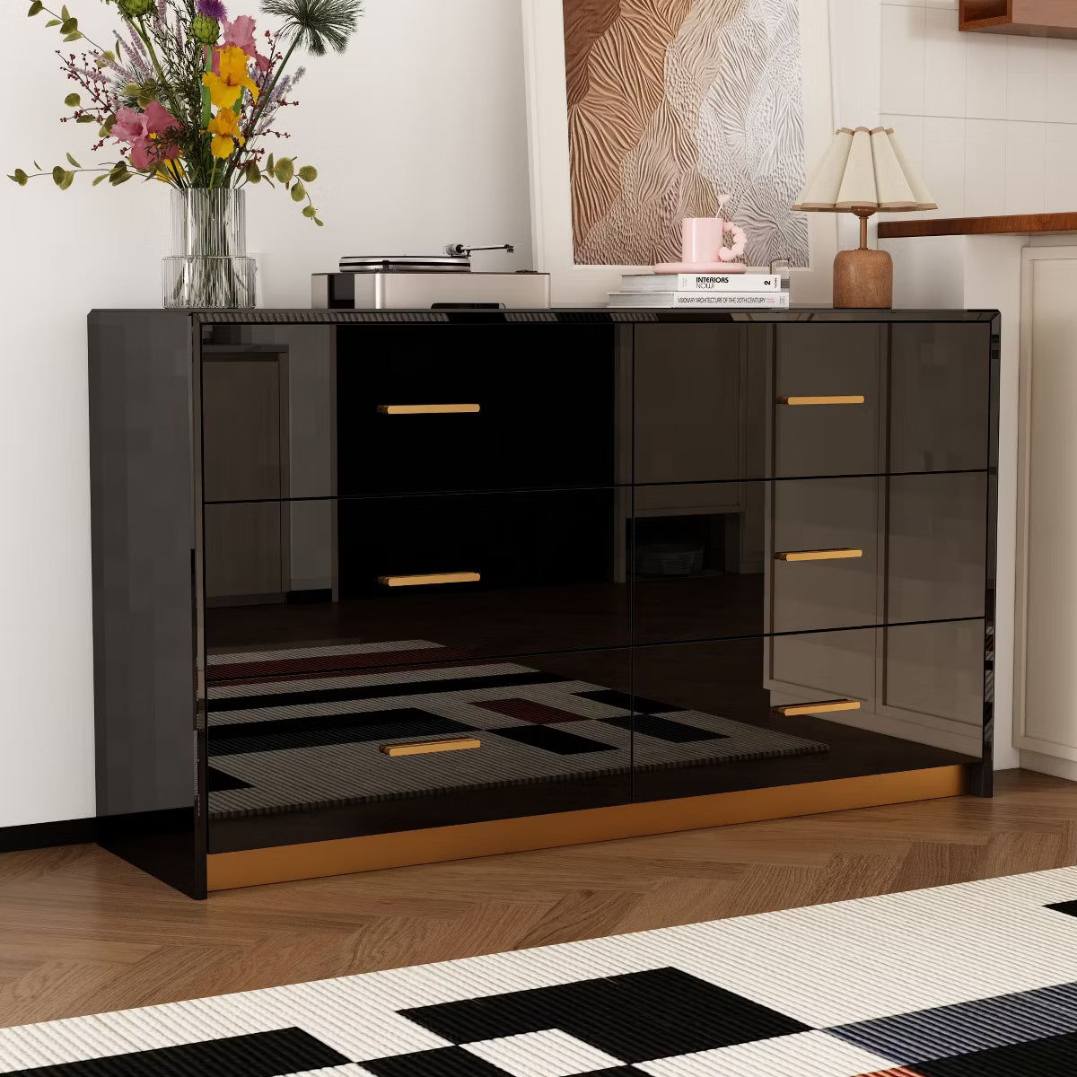 Black High Gloss Dresser With 6 Drawers and Form Base