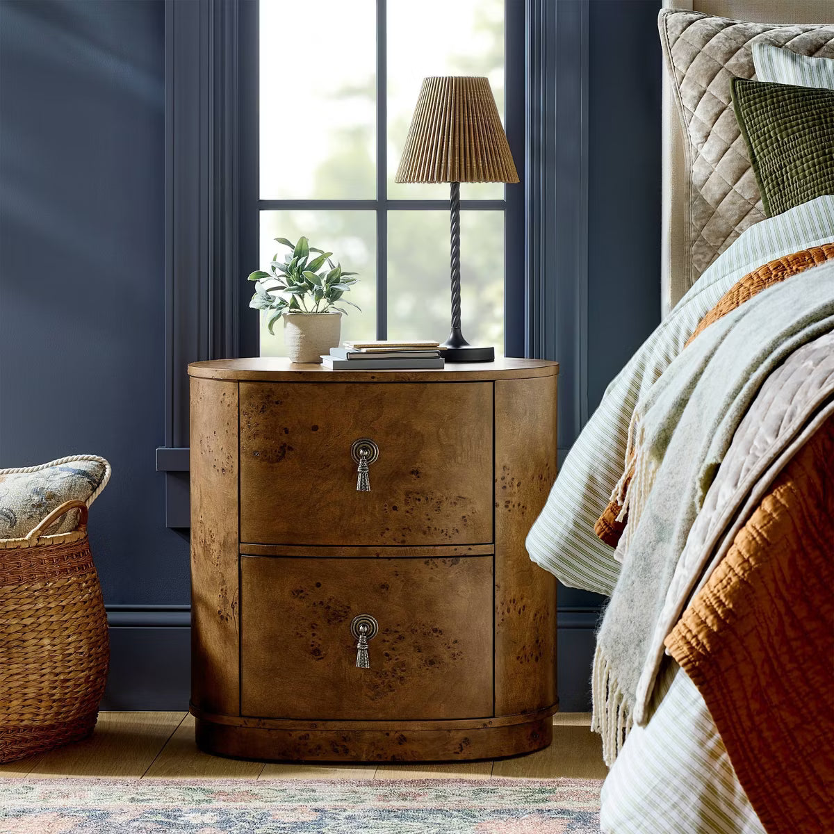 Burled Wood 2 Drawer Nightstand with Decorative Hardware Brown