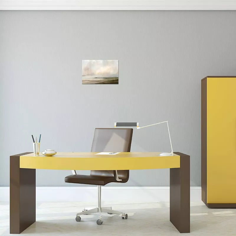 Modern office desk with chair, lamp, and decorative elements in a minimalistic setting.