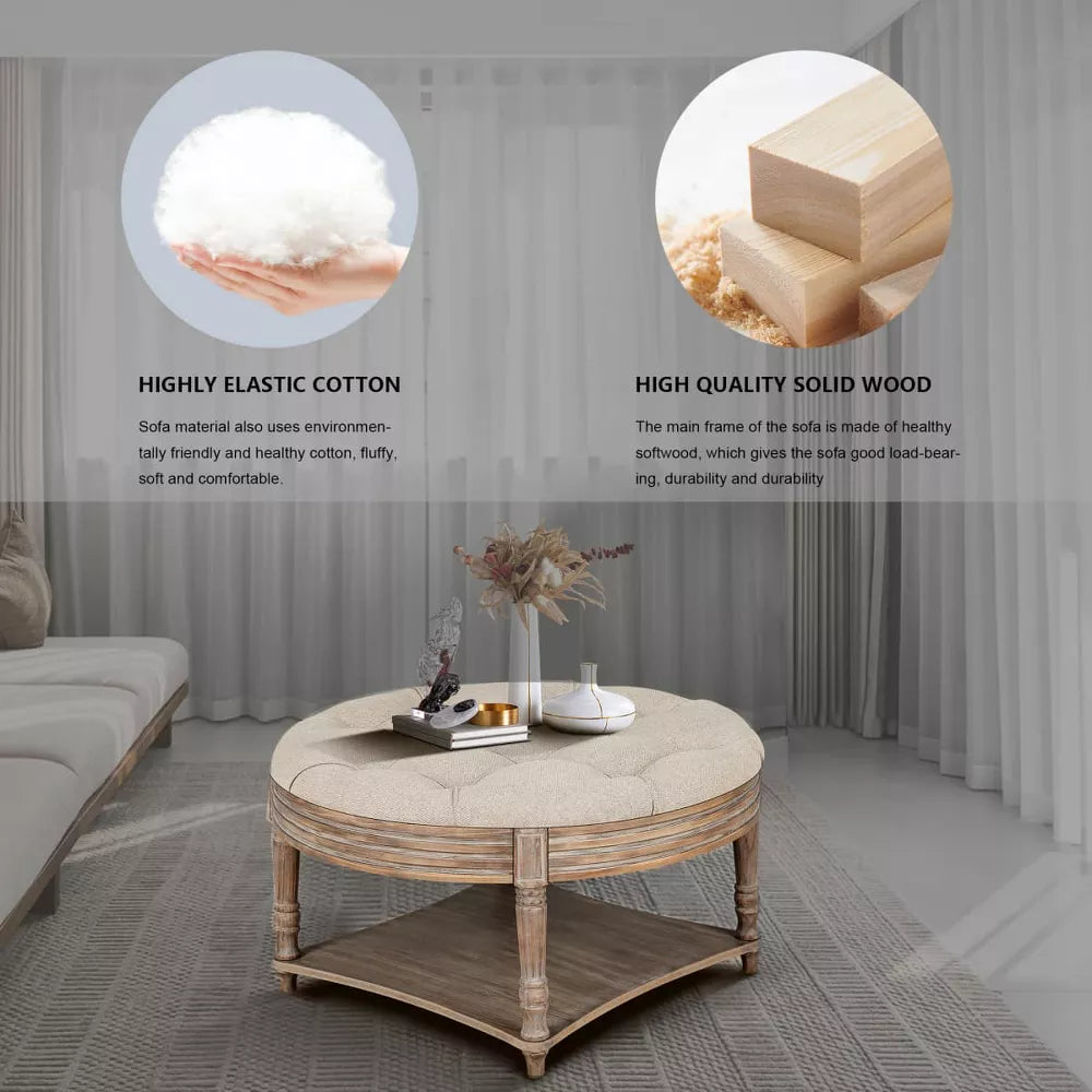 Round wooden coffee table with a tray of drinks in a living room setting.khaki