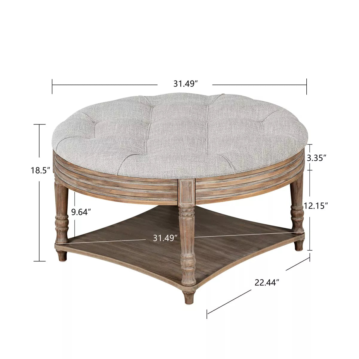 Round wooden coffee table with a gray cushion in a living room setting. gray
