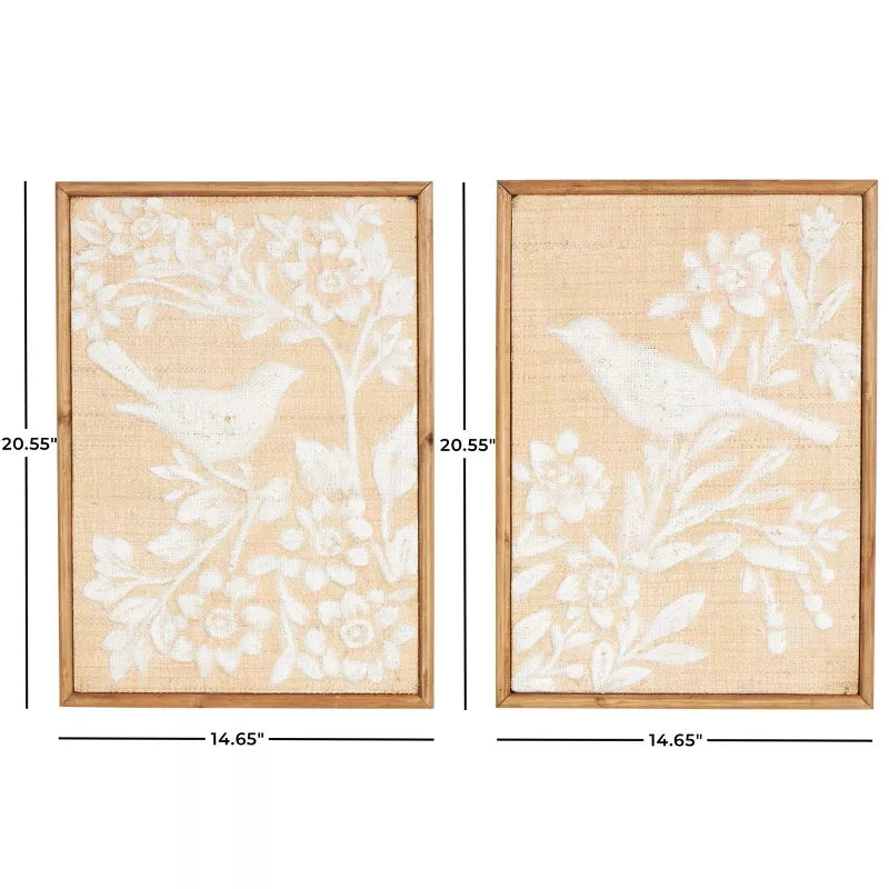 Two framed wall art pieces with floral and bird designs, shown with dimensions.
