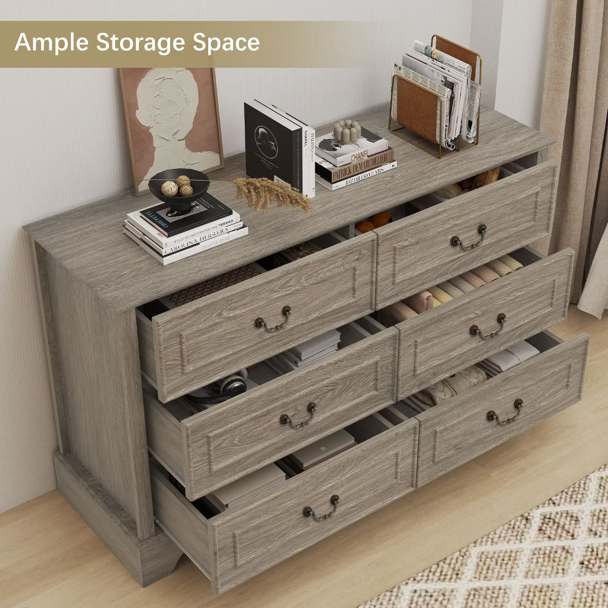 47'' Farmhouse 6 Drawers Dresser for Bedroom, Wide Rustic chests of Drawers
