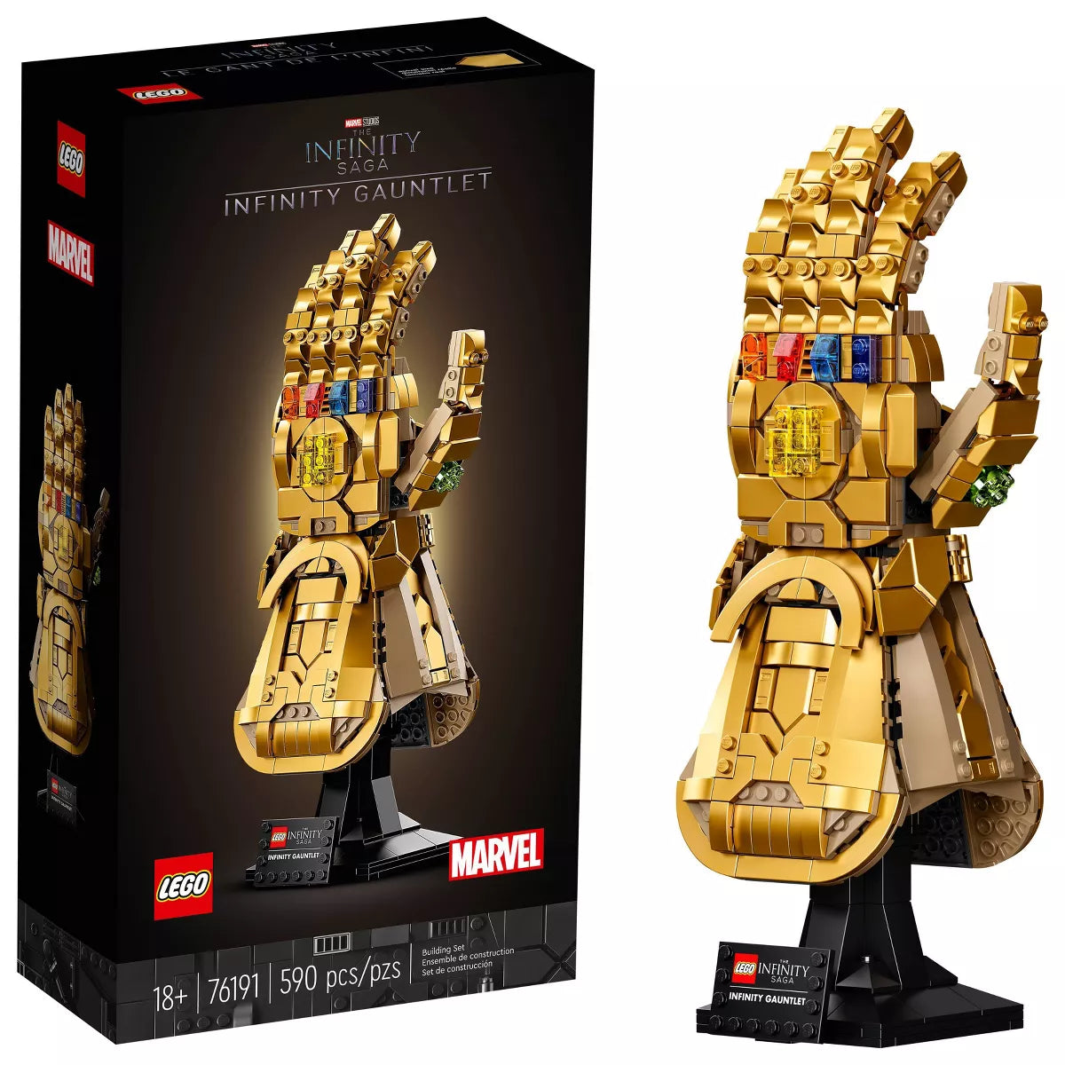 LEGO Marvel Infinity Gauntlet set with packaging on a white background