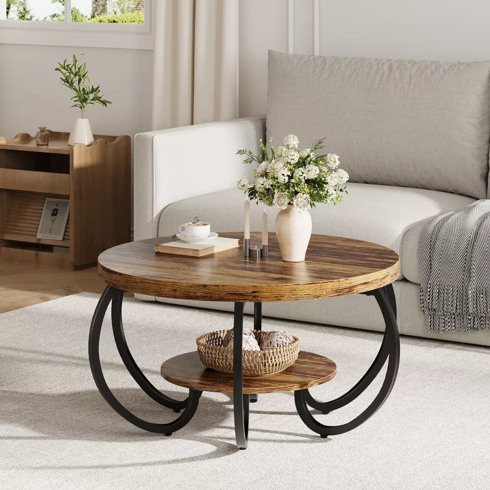 Wooden coffee table with black metal legs in a living room setting.brown