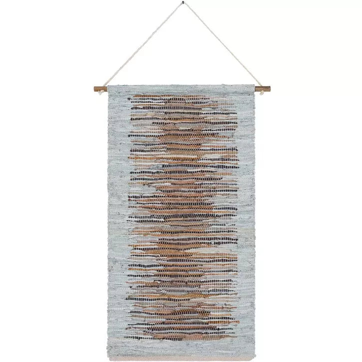 Textured wall hanging with a pattern of horizontal stripes on a white background