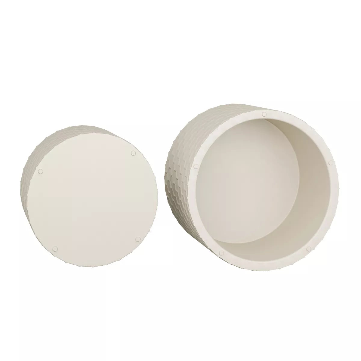 Two white ceramic planters with geometric pattern on a white background White