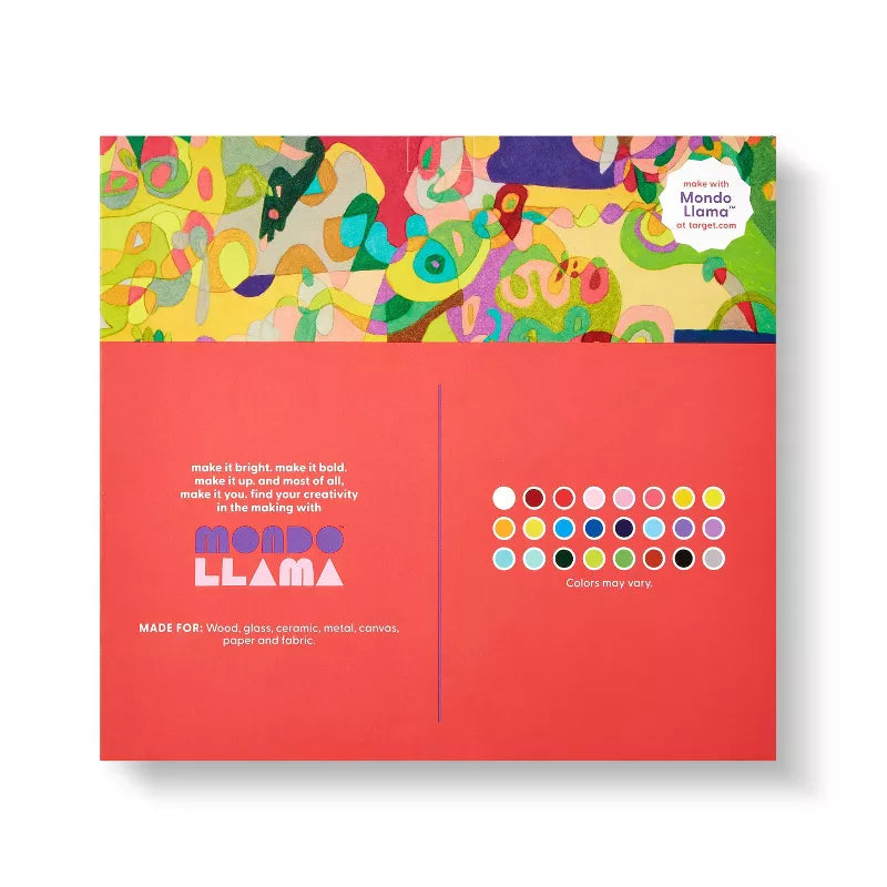 Colorful packaging with abstract designs and text on a white background
