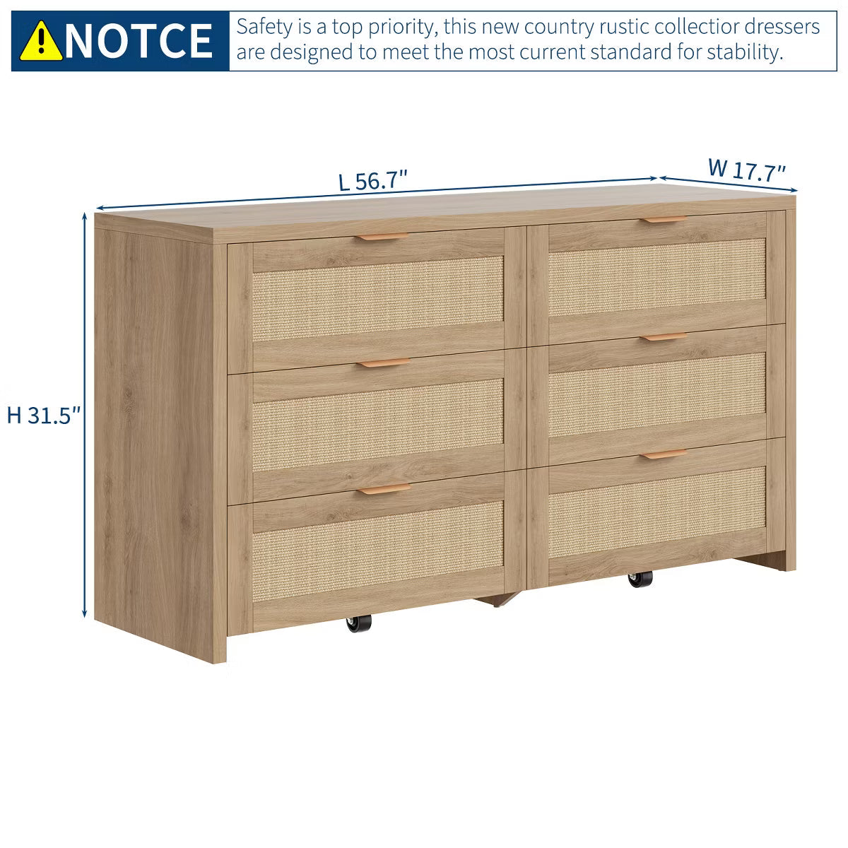 Rattan Dresser for Bedroom, 57" Wide 6 Drawer Dresser with Ample Storage