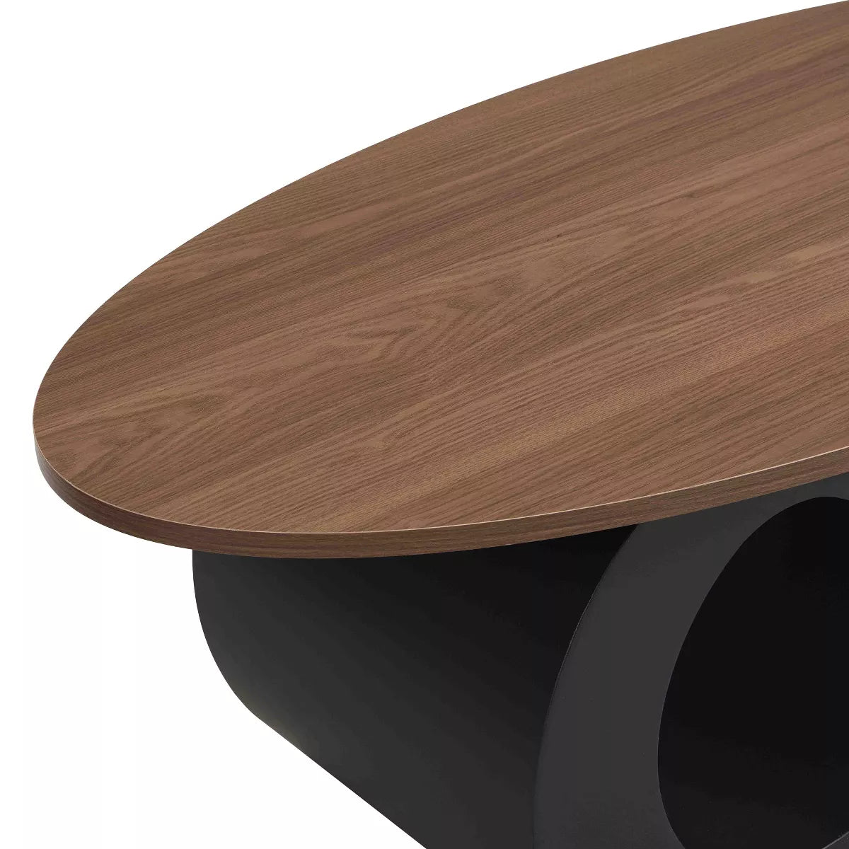 Round wooden table with black curved base and dimensions indicated