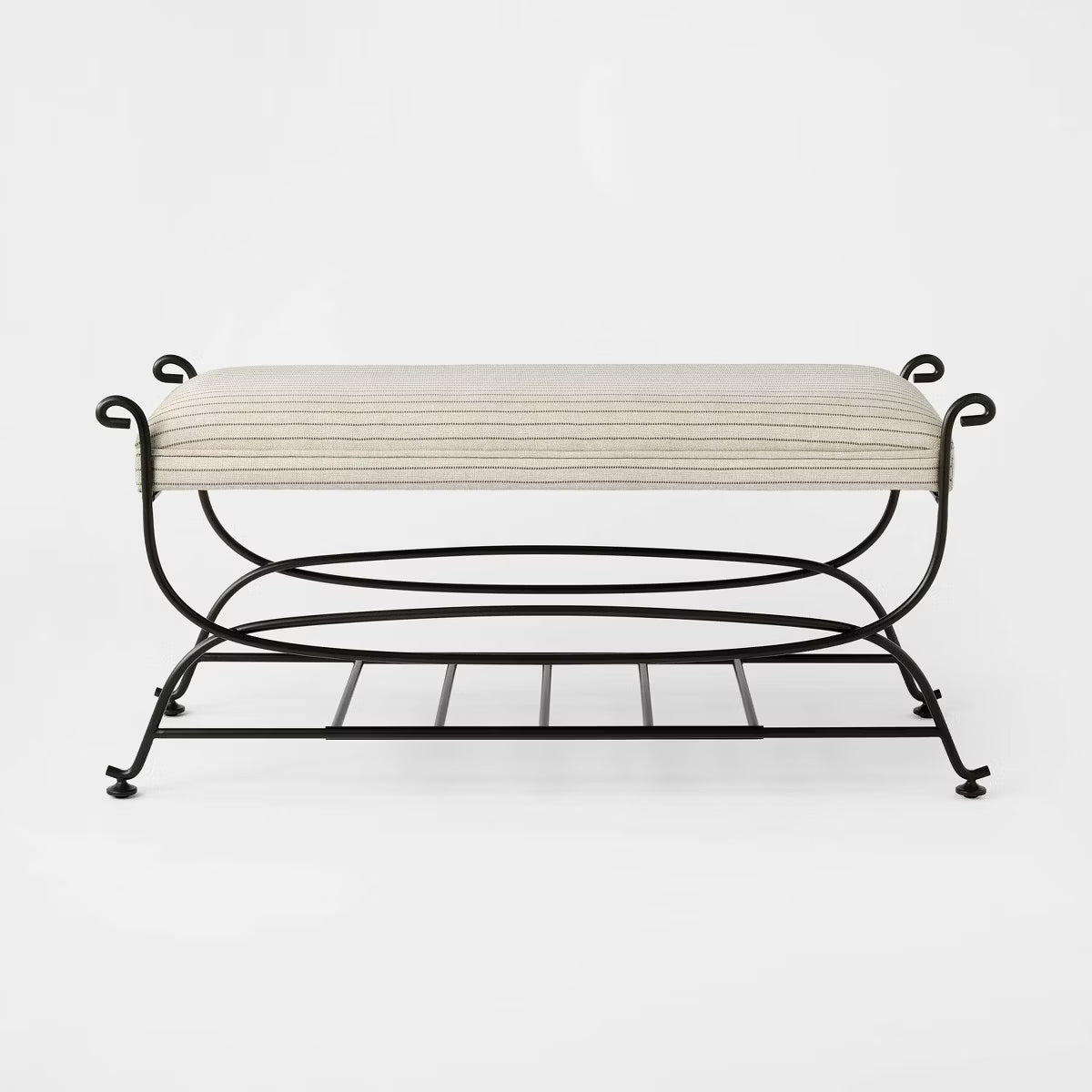 Close-up view of the brown metal frame and side bars of the bench