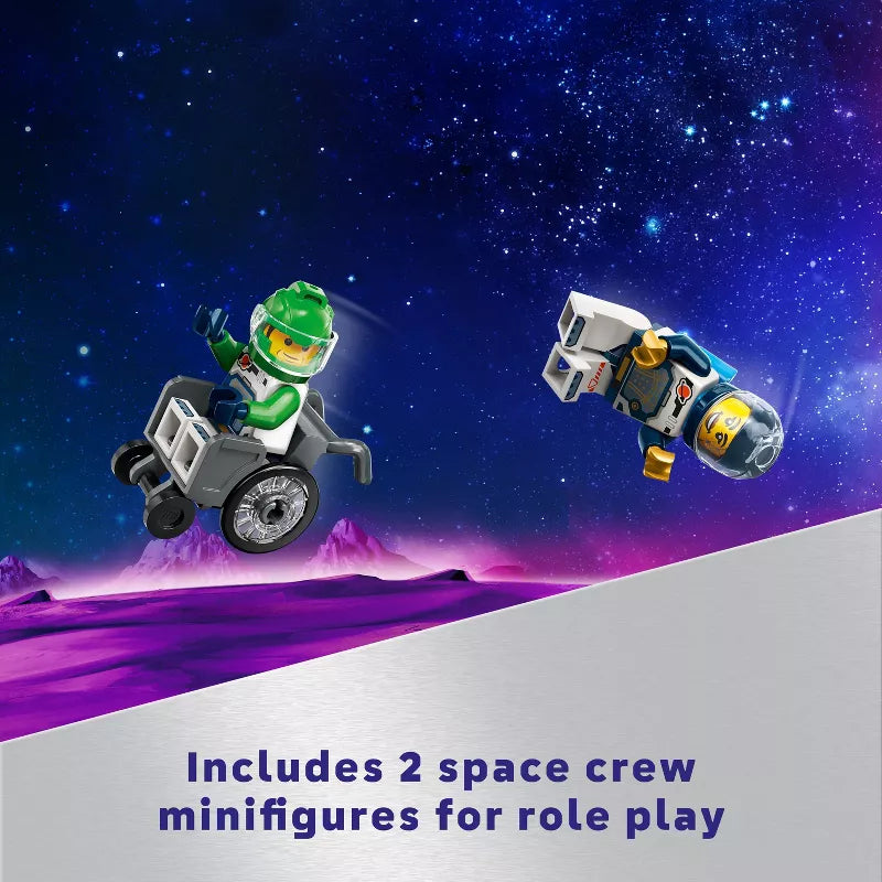 Two space-themed toy figures on a starry background with text about space crew minifigures.