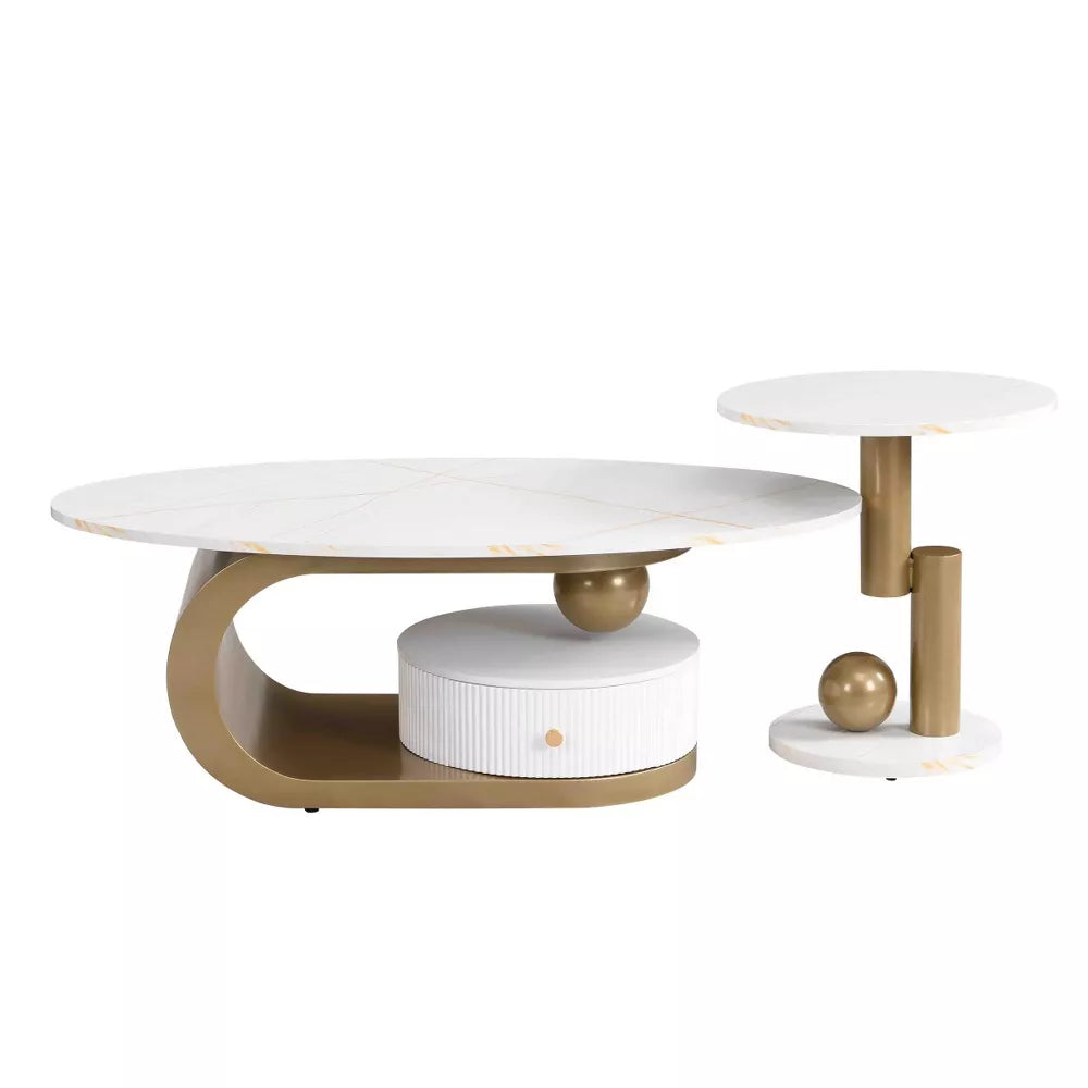 Modern side table with white top and gold cylindrical legs on a white background gold