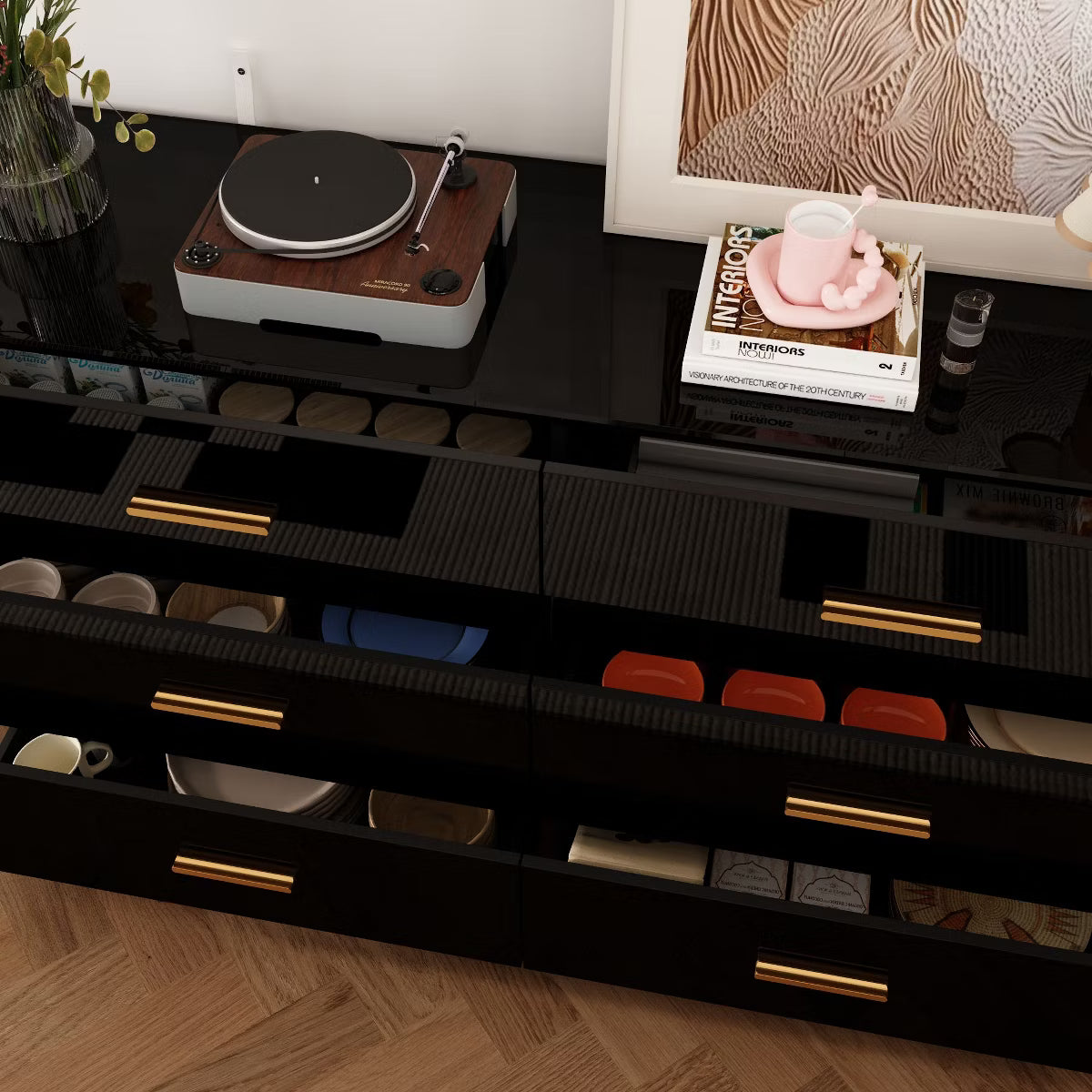 Black High Gloss Dresser With 6 Drawers and Form Base