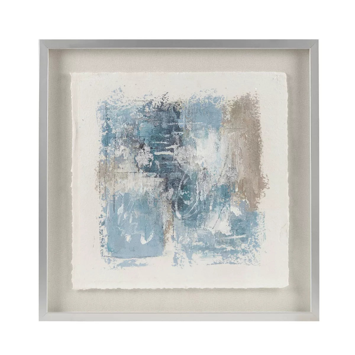 Framed abstract art with blue and beige tones on a white background