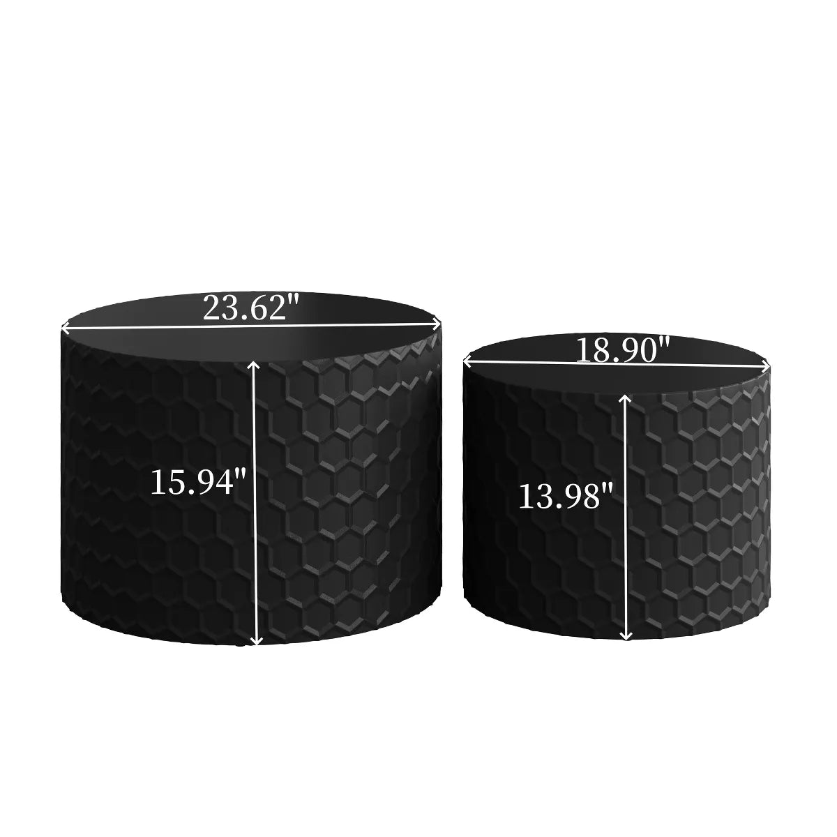 Two black textured side tables in front of a beige sofa with decorative pillows. black