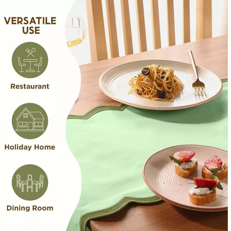 Table with a plate of pasta and a fork, surrounded by text on versatile use in restaurant, holiday home, and dining room settings.