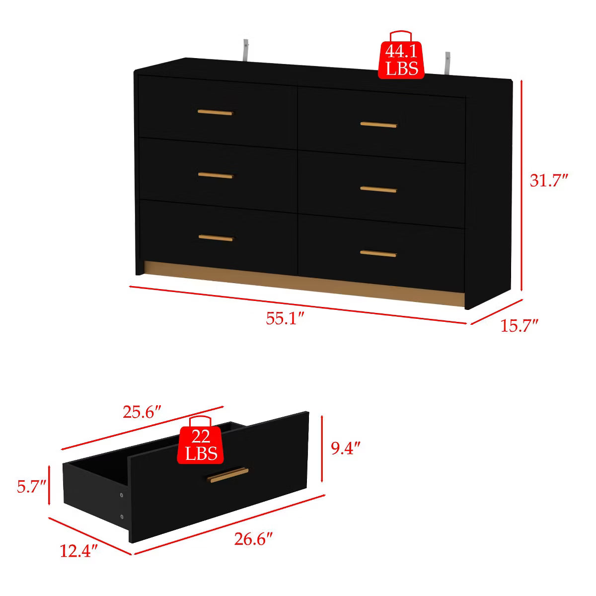 Black High Gloss Dresser With 6 Drawers and Form Base