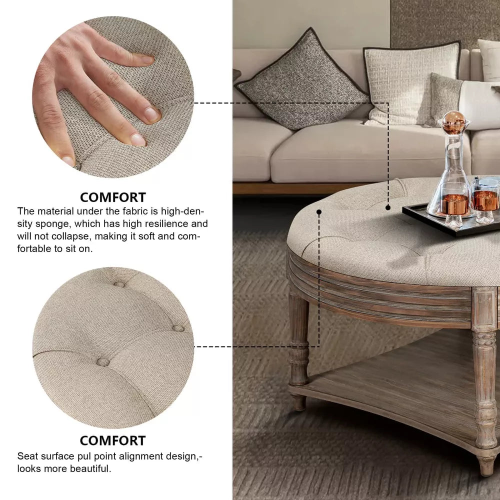 Round wooden coffee table with a tray of drinks in a living room setting.khaki