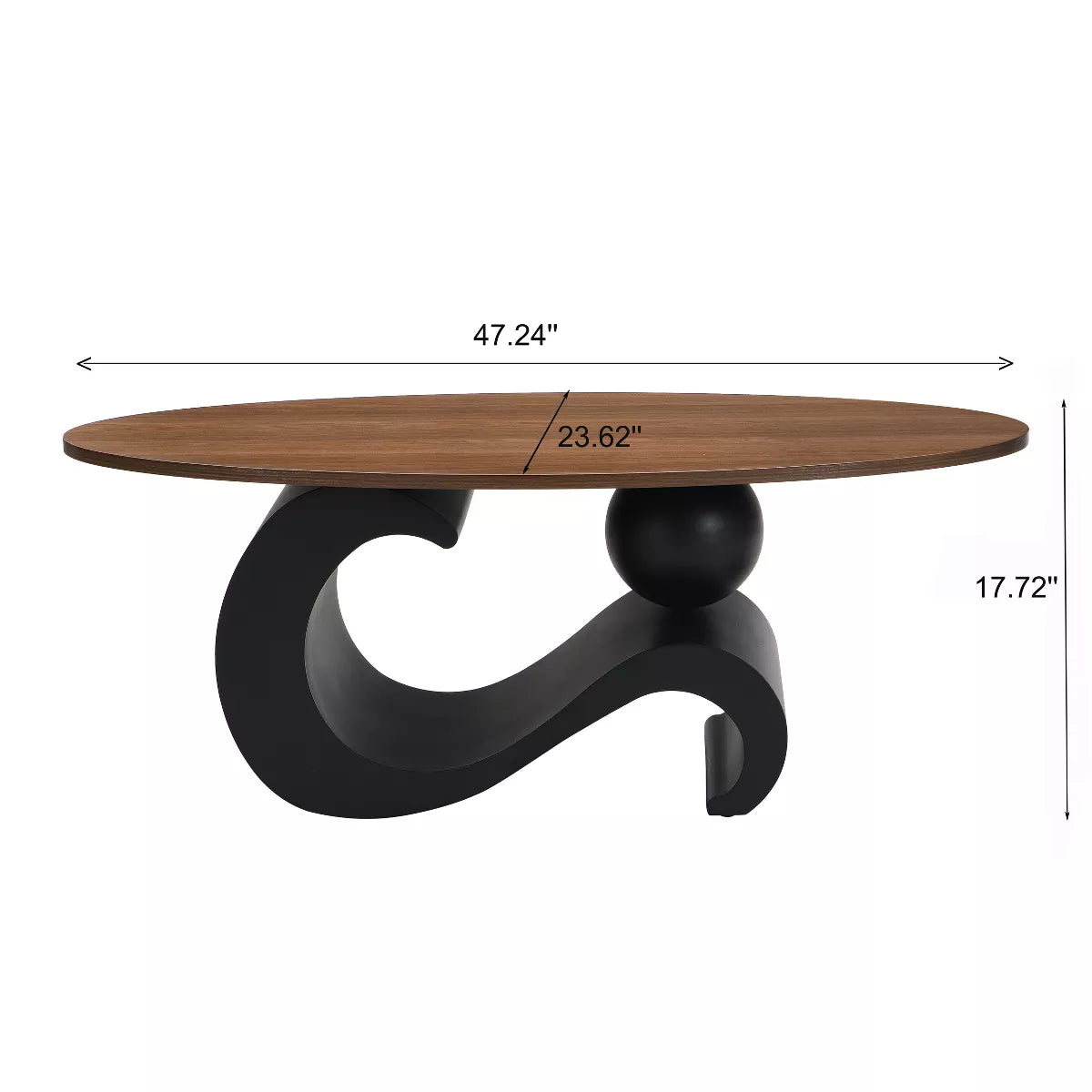 Round wooden table with black curved base and dimensions indicated