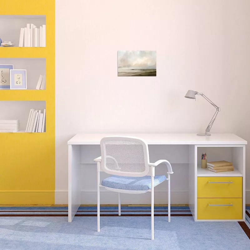 Modern home office with a white desk, chair, and yellow bookshelf.