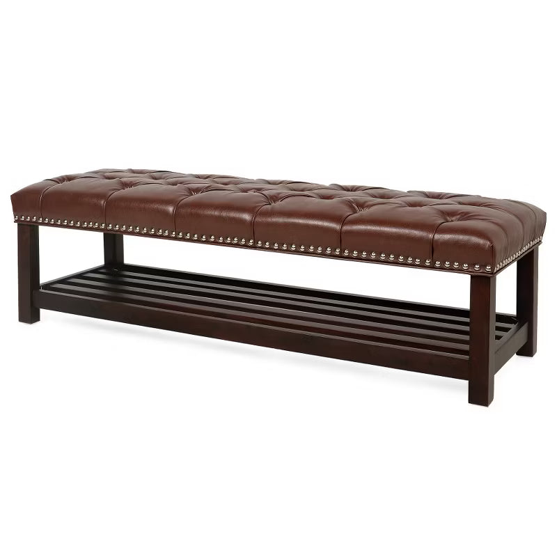 Upholstered Bench with Shelf,PU Leather End of Bed Bench with Nailhead Trim