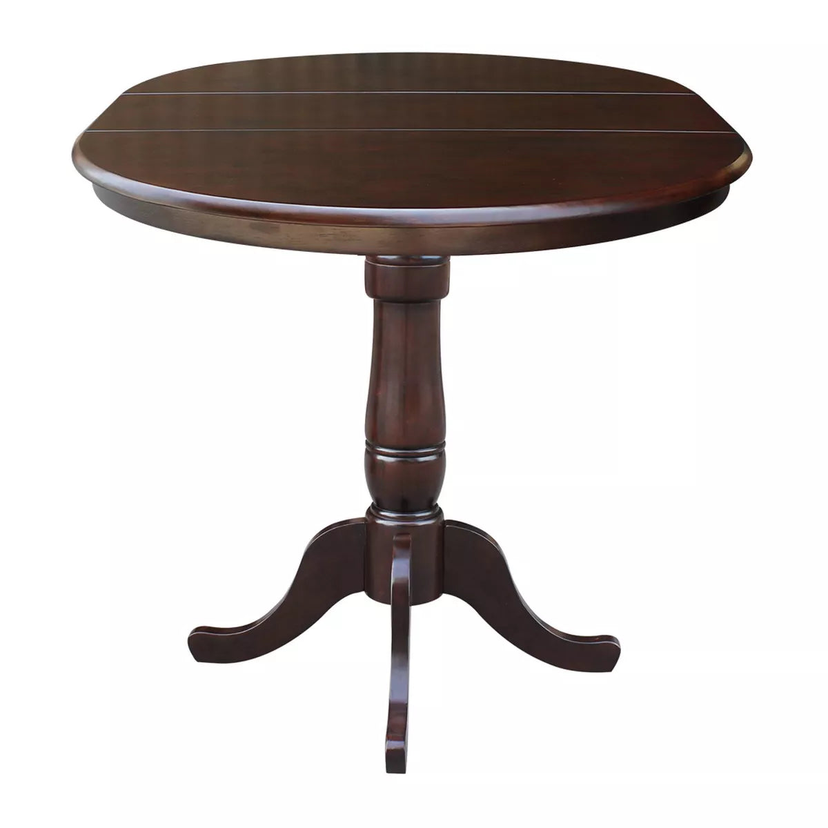 Round wooden table with a pedestal base on a white background