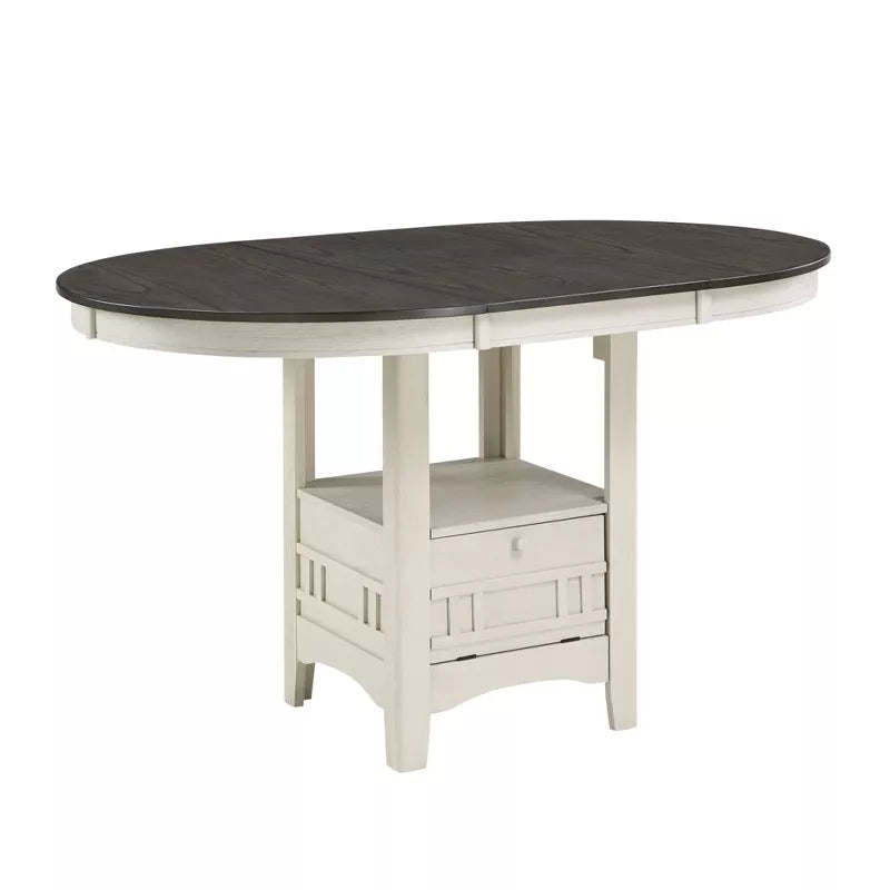 Oval kitchen island with dark countertop and white base on a white background