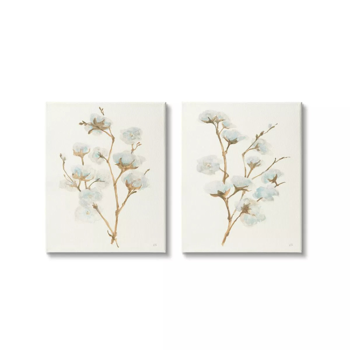 Cotton Flower Stems Rustic Farmhouse Floral – 2 Piece Canvas Wall Art