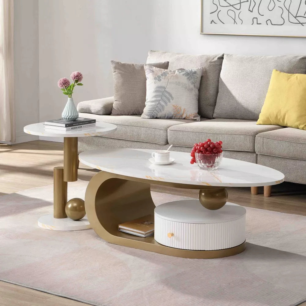 Modern side table with white top and gold cylindrical legs on a white background gold