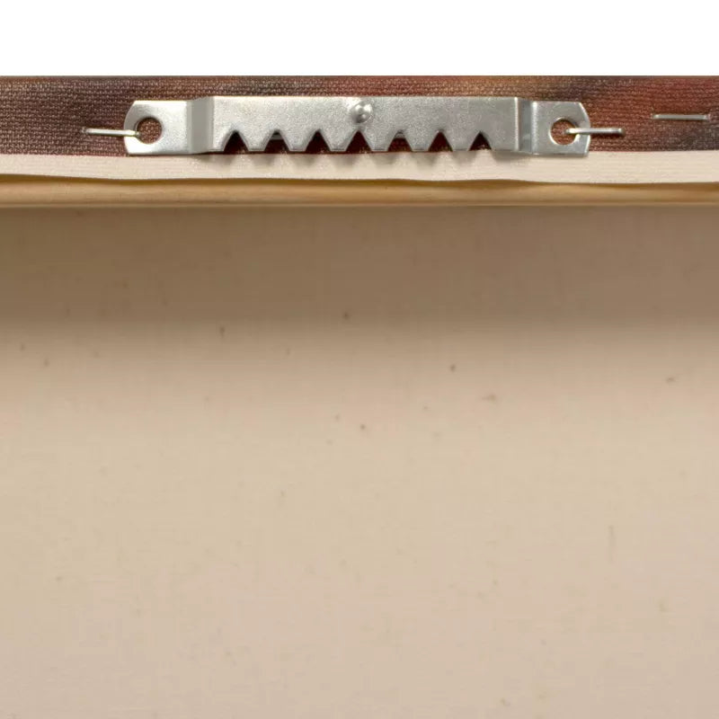 Close-up of a wooden frame with metal corner bracket on a beige background