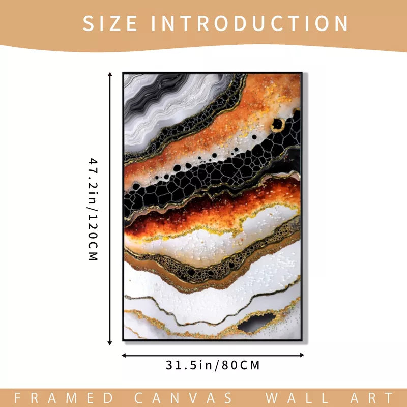 Framed canvas wall art with size introduction text and dimensions.