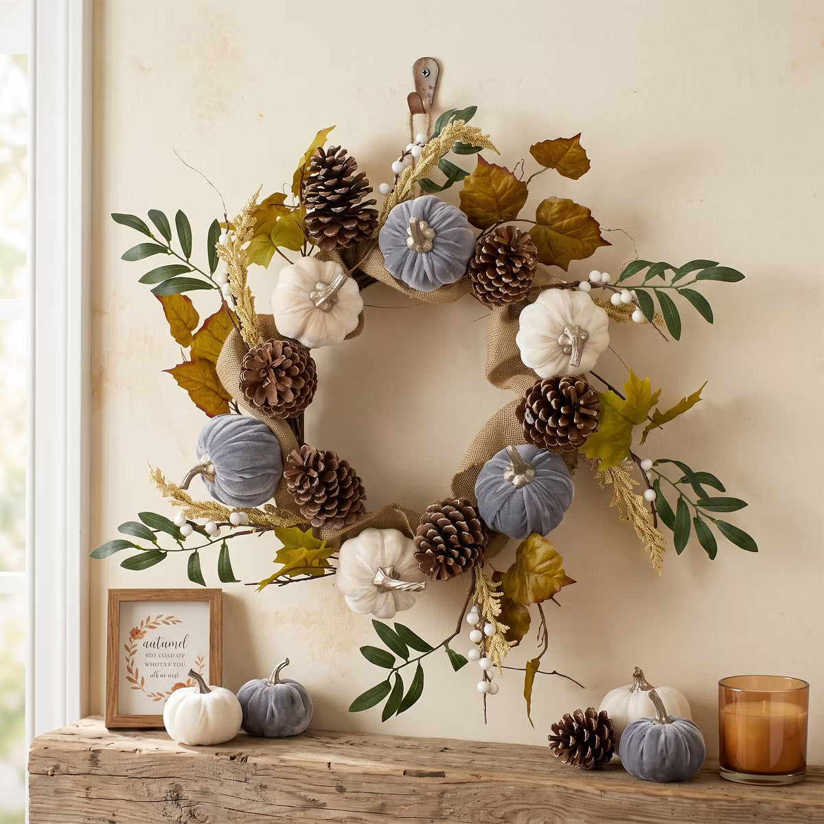 Pumpkins and Pinecones Artificial Burlap Fall Harvest Wreath