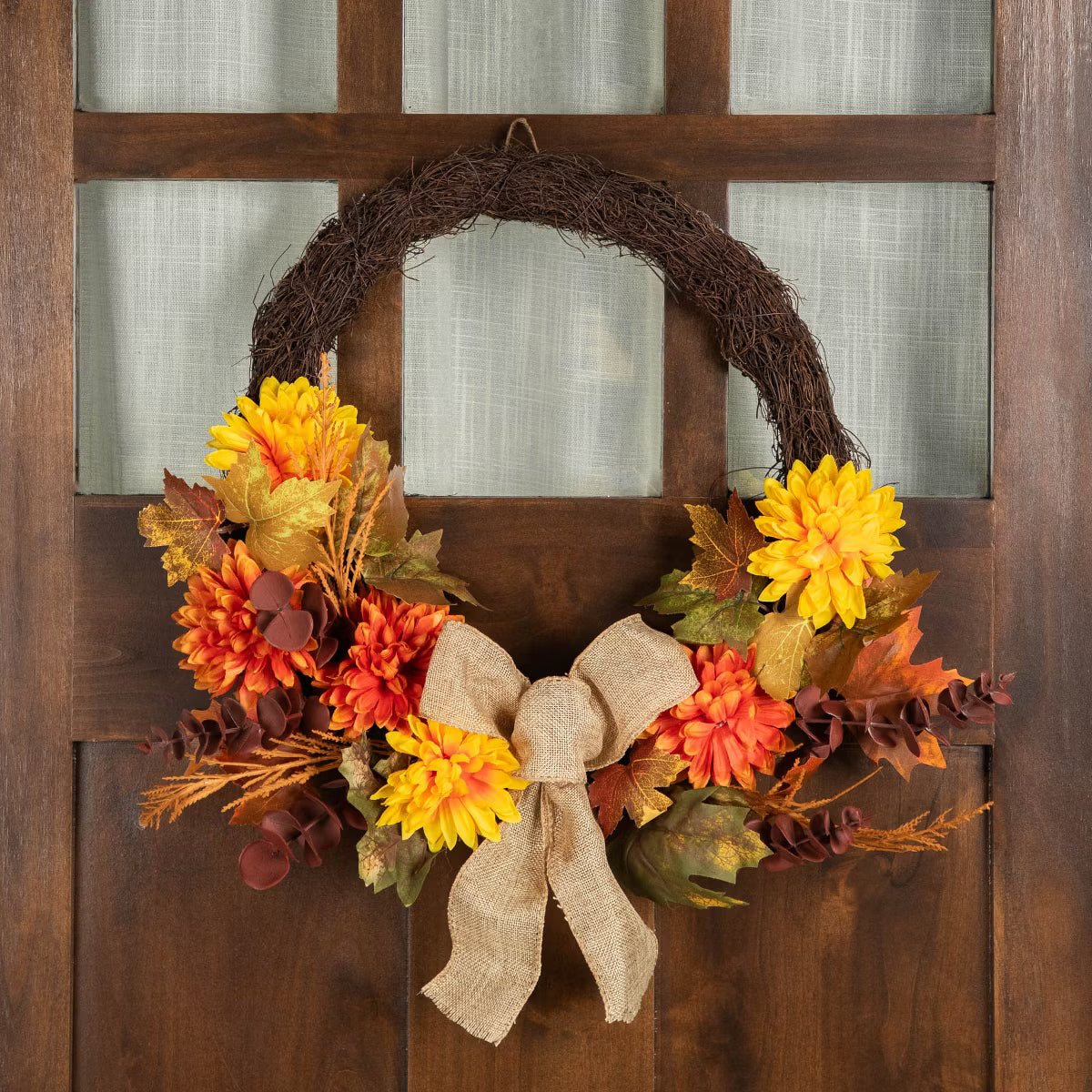 Small Artificial Fall Harvest Wreath with Burlap Bow