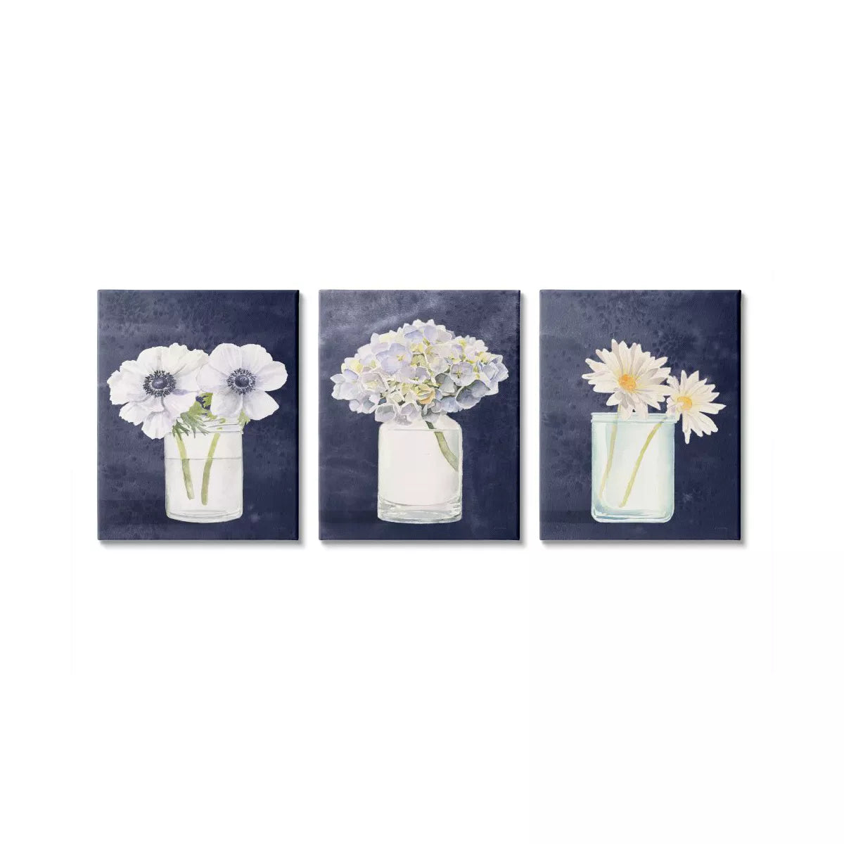 Set of three wall art prints with floral designs on a white background