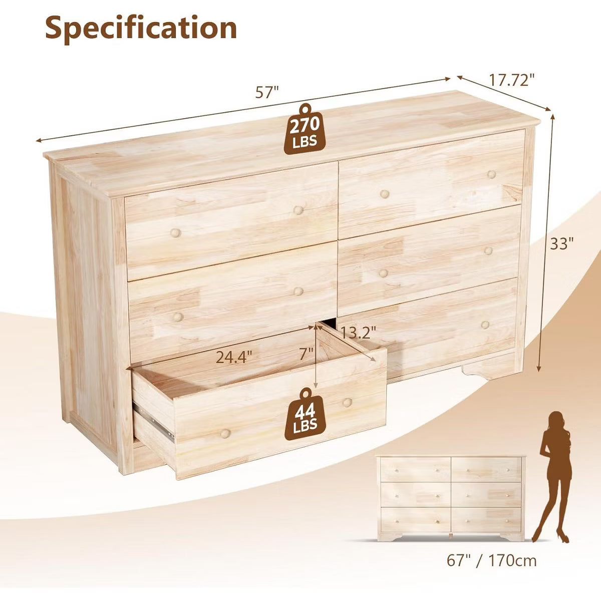 57" Unfinished Solid Wood Dresser for Color DIY
