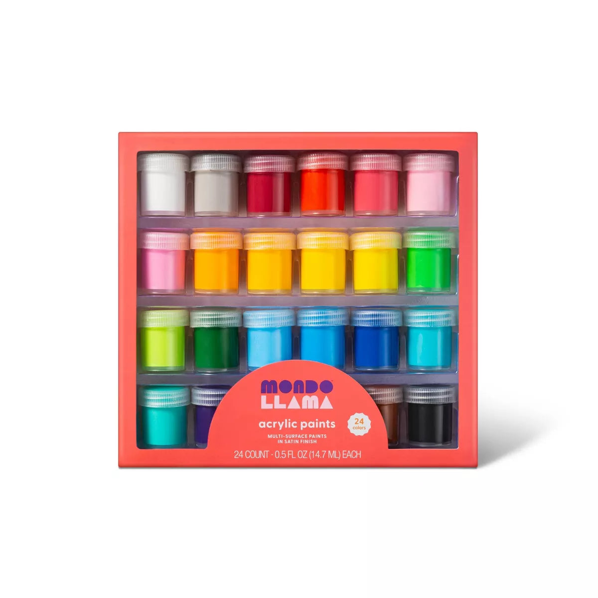 Set of Mondo Llamas acrylic paints in a box on a white background