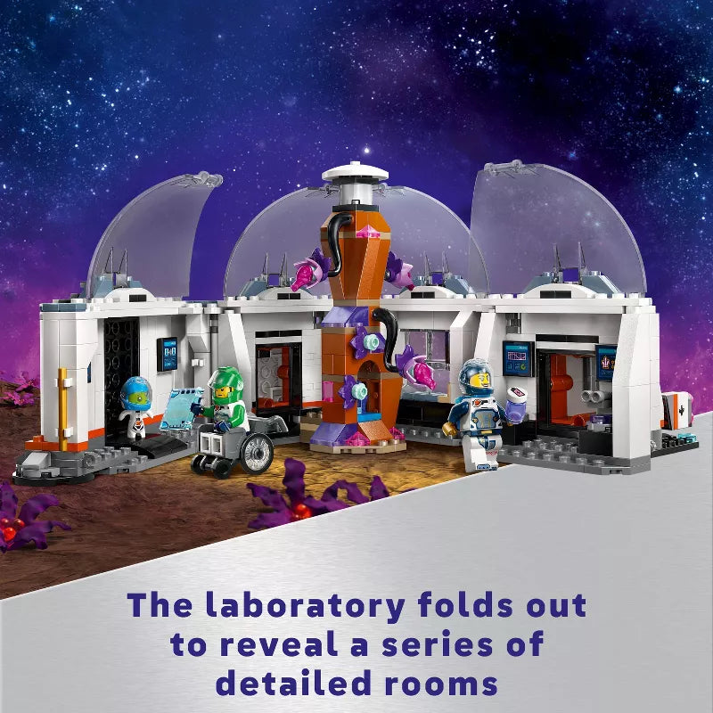 Toy laboratory set with transparent domes against a starry space background