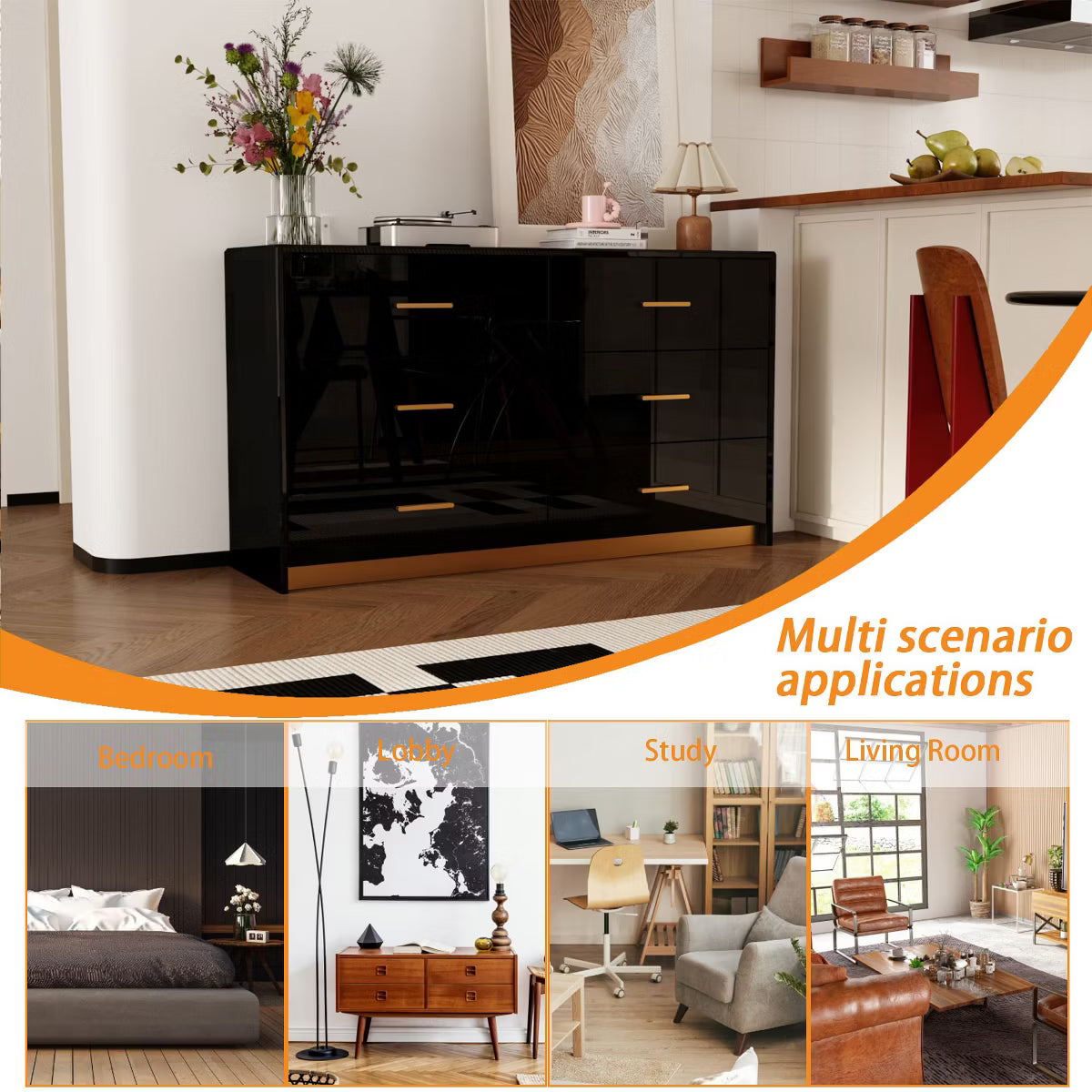 Black High Gloss Dresser With 6 Drawers and Form Base