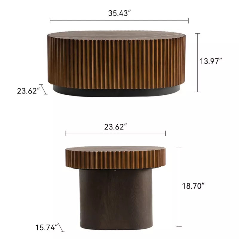 Wooden coffee table with a textured surface, featuring a book and flowers on top.