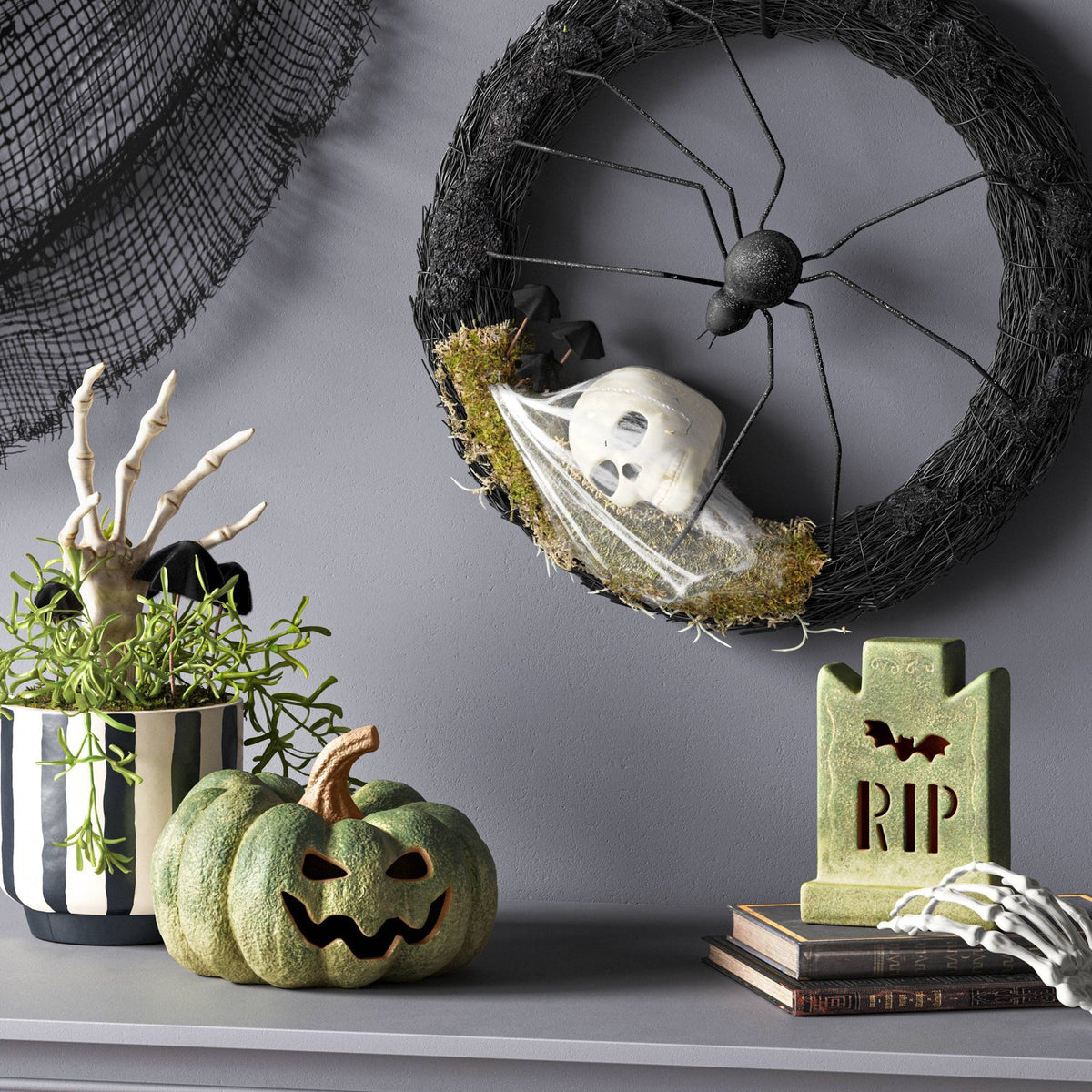 17.5 Inch Vine Base Mossy Halloween Wreath with Spider and Skull - image 2