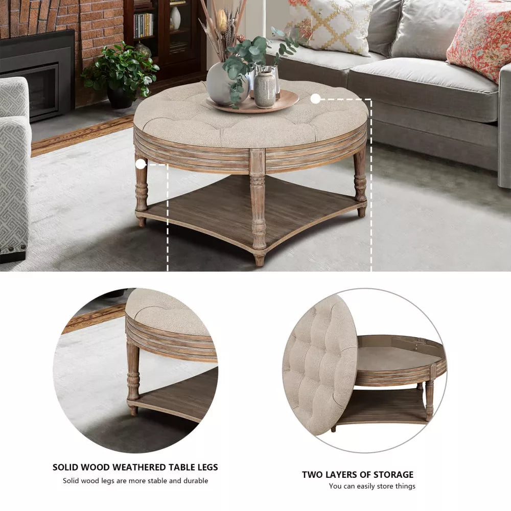 Round wooden coffee table with a tray of drinks in a living room setting.khaki