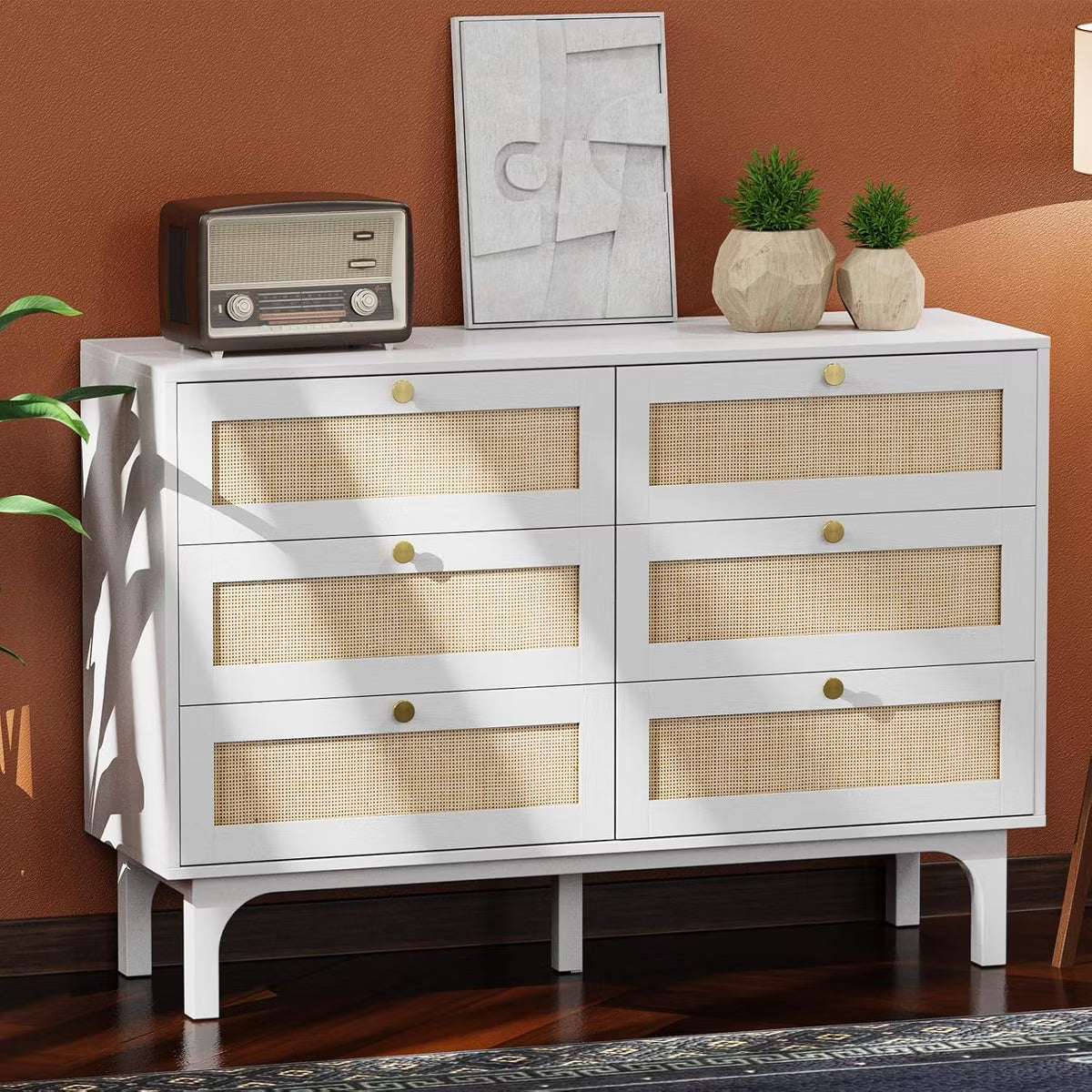White Dresser 6 Drawer, 47.2" W Rattan Boho Dresser