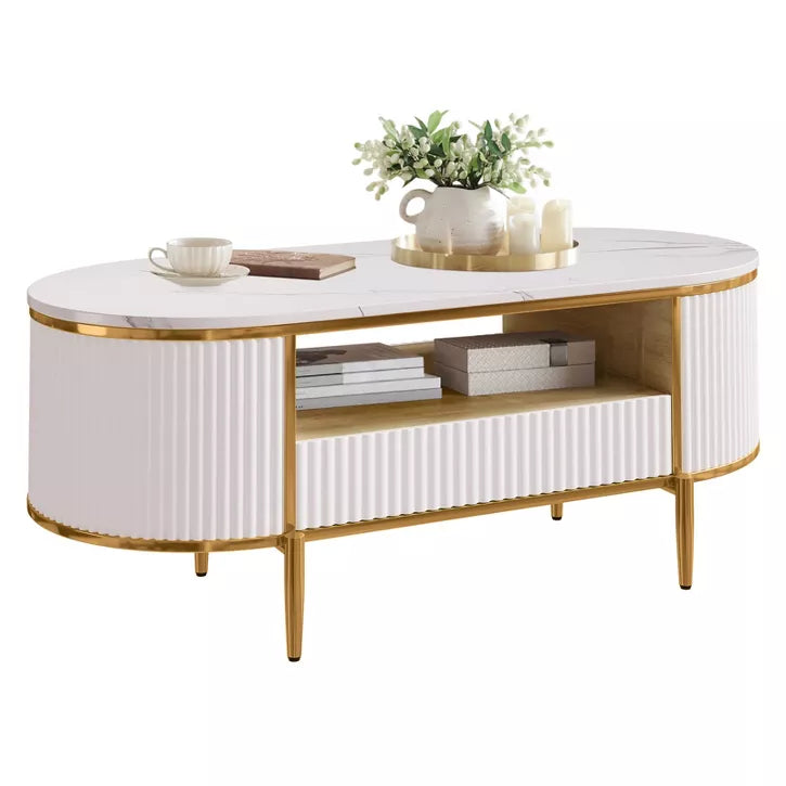 Modern coffee table with white top and gold frame on a white background