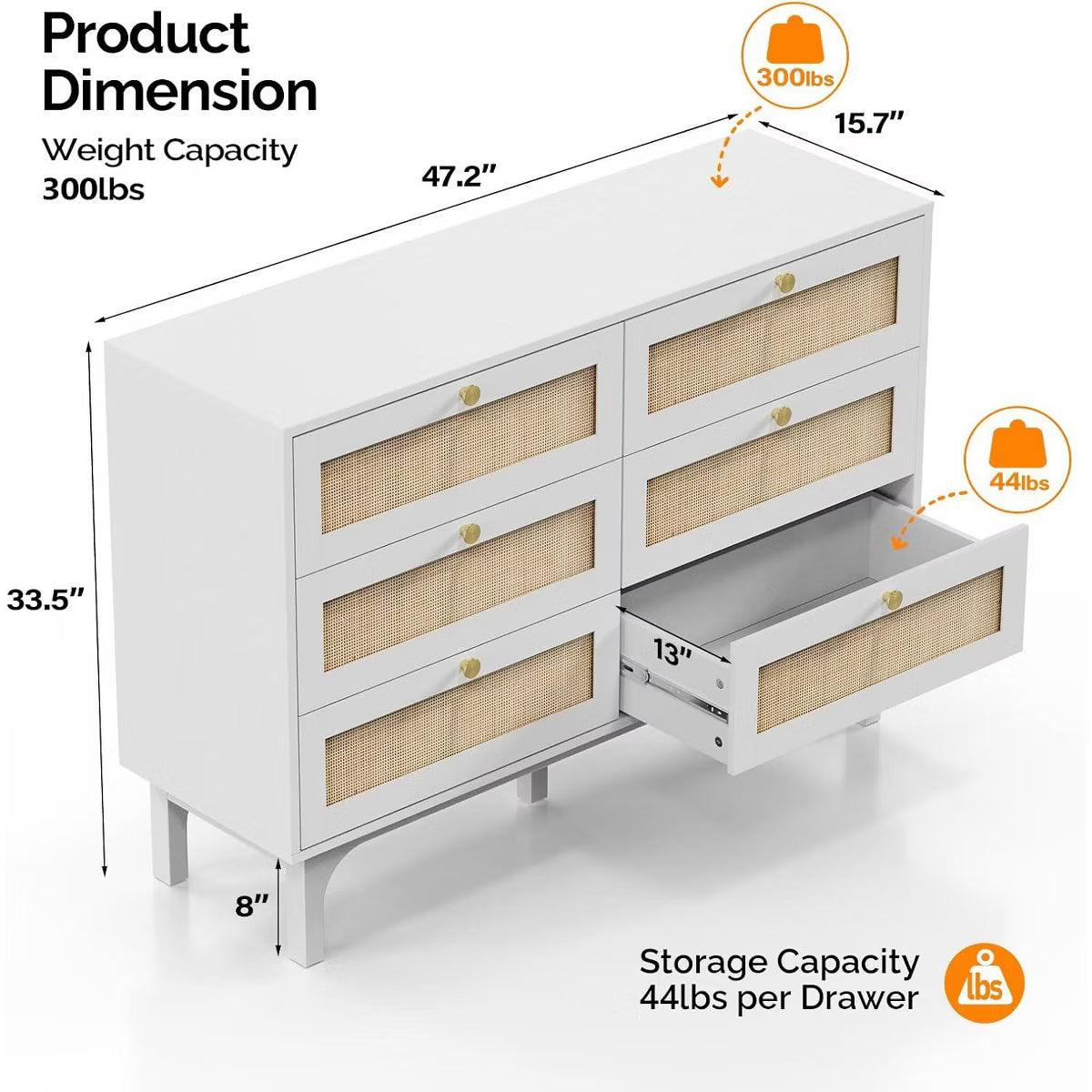 White Dresser 6 Drawer, 47.2" W Rattan Boho Dresser