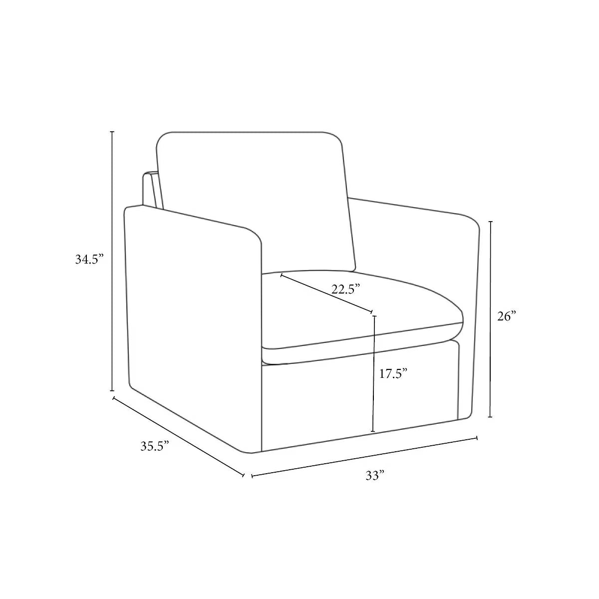 Line drawing of a chair with dimensions labeled as 34.5 inches high, 35.5 inches deep, 33 inches wide, with a seat depth of 22.5 inches and seat height of 17.5 inches.