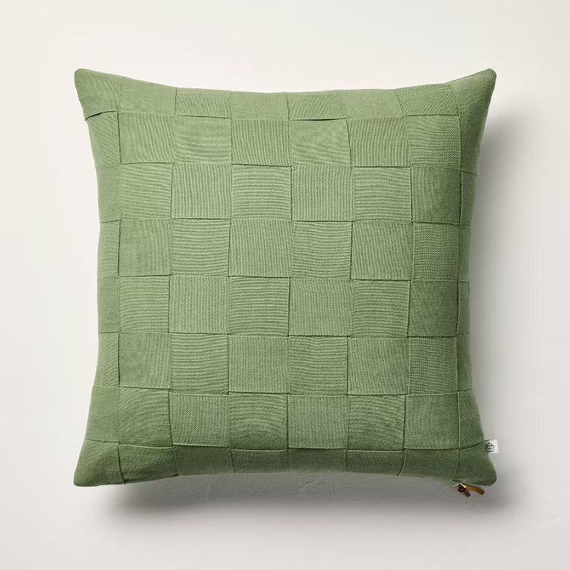 Green Basket Weave Square Throw Pillow