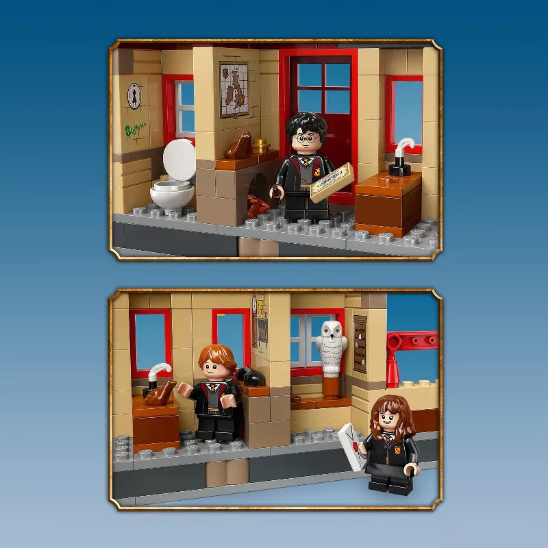 LEGO set with characters in a room with a toilet and desk.