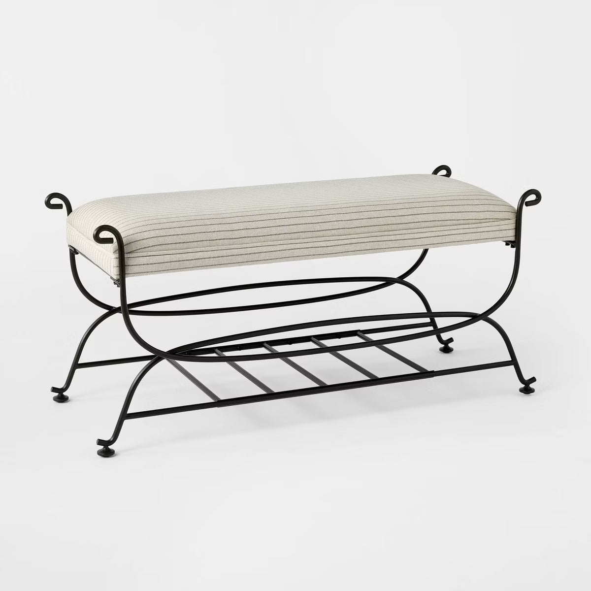 Studio McGee striped fabric brown metal bench angled view